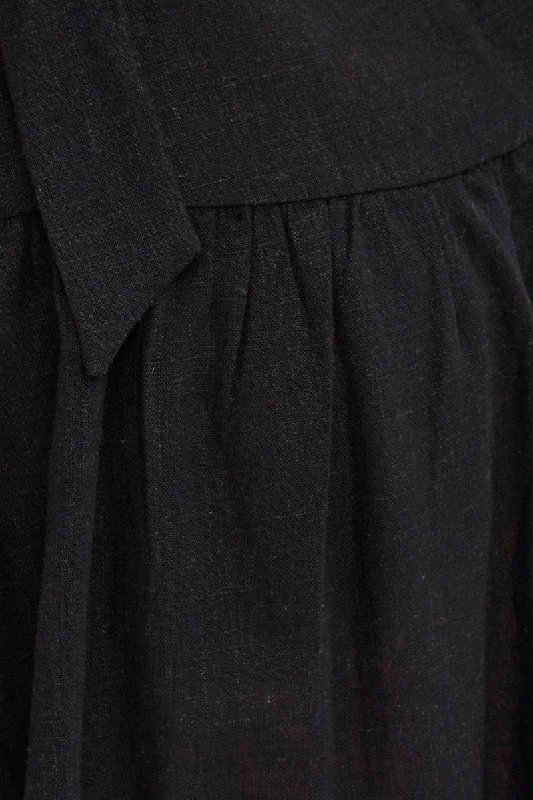 Black Fit And Flare Dress Puff Sleeve Linen Blend