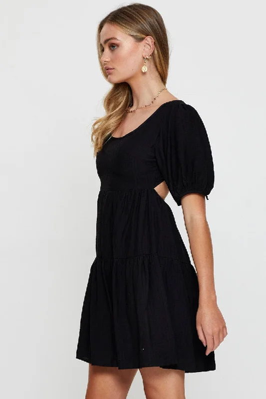 Black Fit And Flare Dress Short Sleeve Open Back