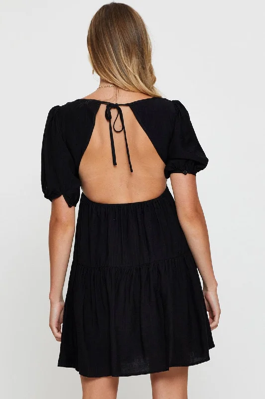 Black Fit And Flare Dress Short Sleeve Open Back