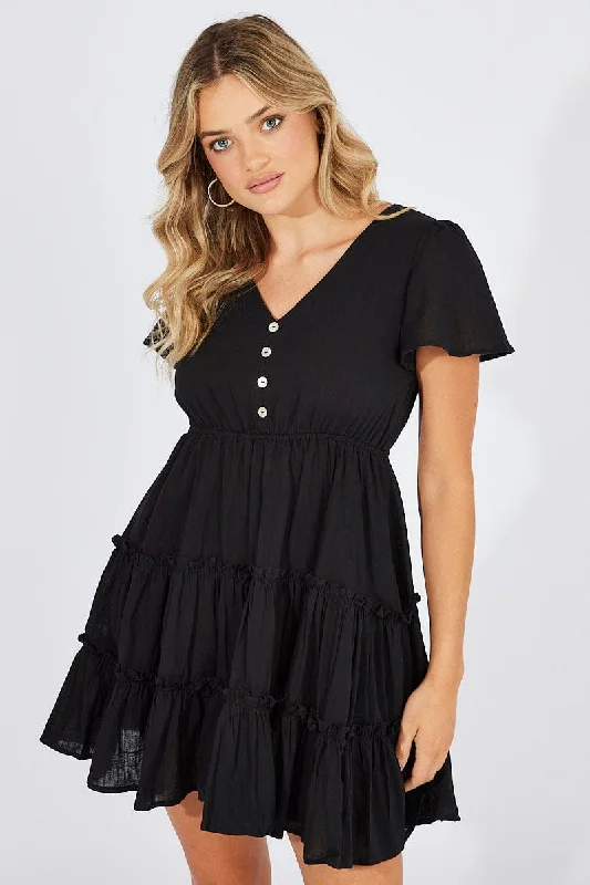 Black Fit And Flare Dress V-neck Mini