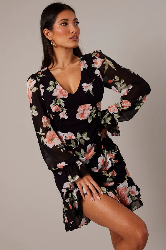 Black Floral Ruffle Dress Long Sleeve Flared Cuff Mini Dress