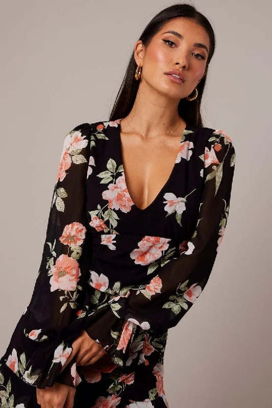 Black Floral Ruffle Dress Long Sleeve Flared Cuff Mini Dress