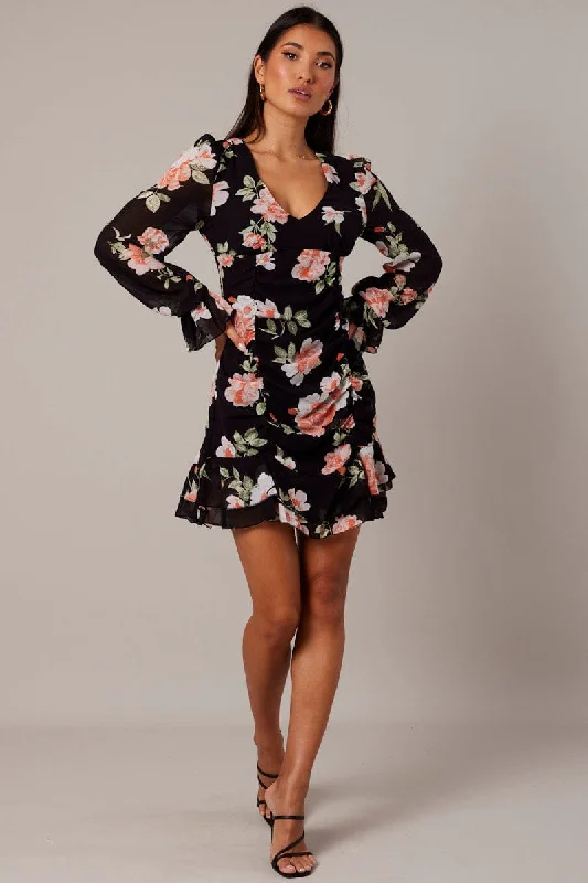 Black Floral Ruffle Dress Long Sleeve Flared Cuff Mini Dress