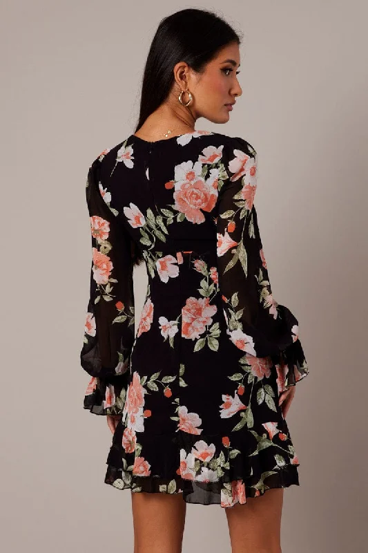 Black Floral Ruffle Dress Long Sleeve Flared Cuff Mini Dress