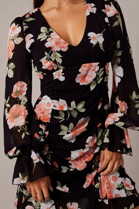 Black Floral Ruffle Dress Long Sleeve Flared Cuff Mini Dress