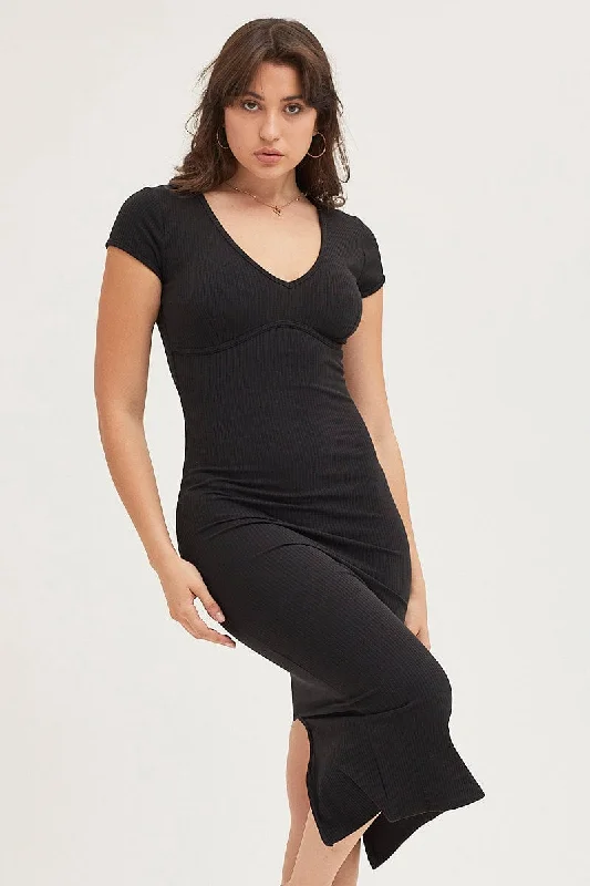 Black Jersey Dress Short Sleeve Midi Ribbed