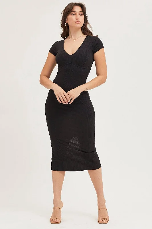 Black Jersey Dress Short Sleeve Midi Ribbed