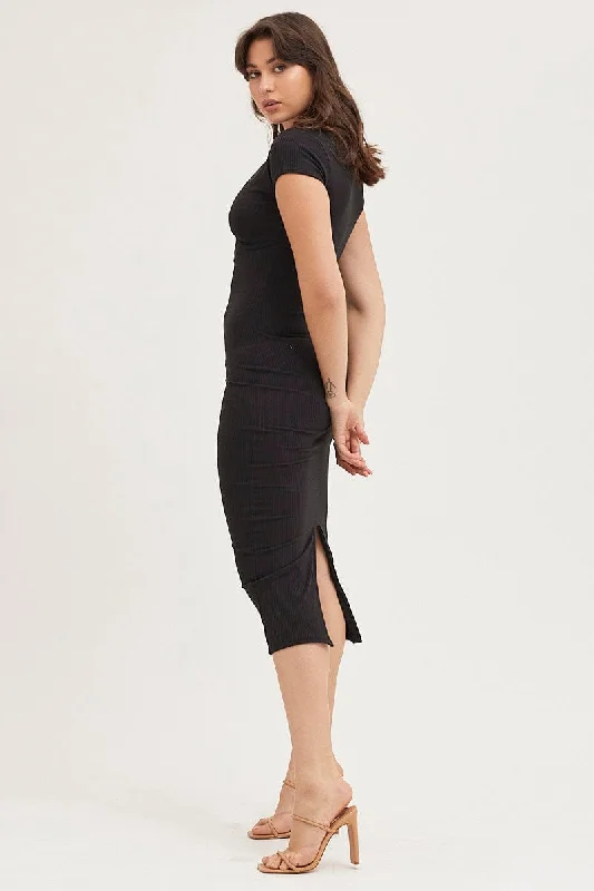 Black Jersey Dress Short Sleeve Midi Ribbed