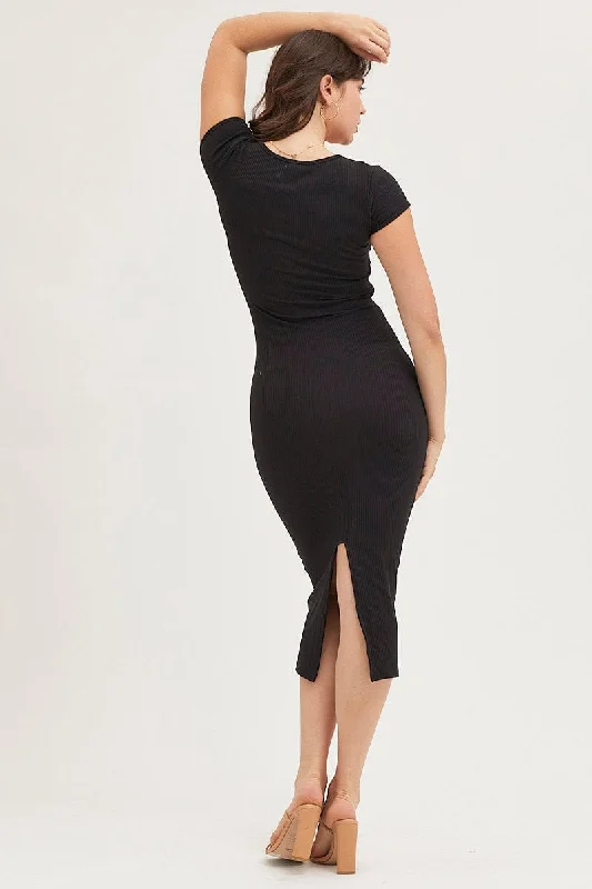 Black Jersey Dress Short Sleeve Midi Ribbed