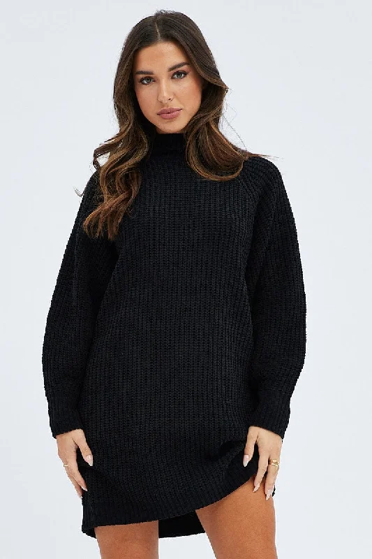 Black Knit Dress High Neck Oversized Chenille