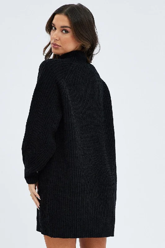 Black Knit Dress High Neck Oversized Chenille