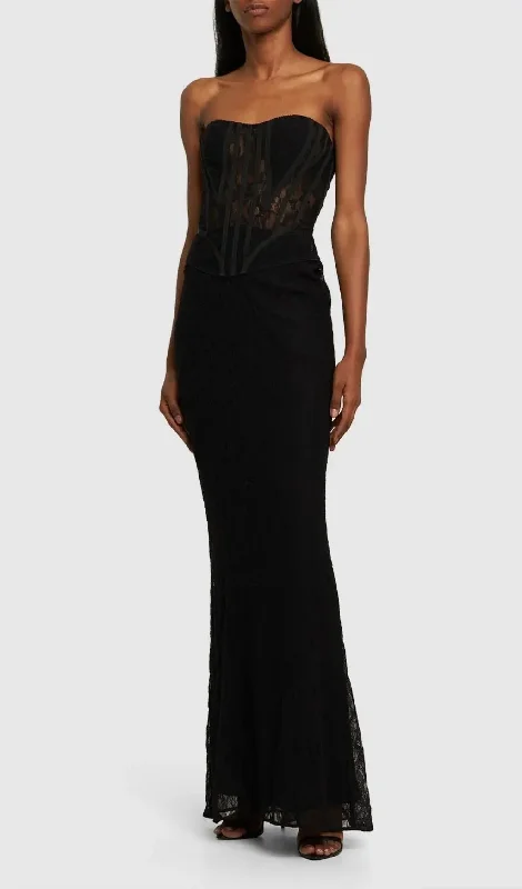 STRAPLESS BLACK LACE MAXI DRESS