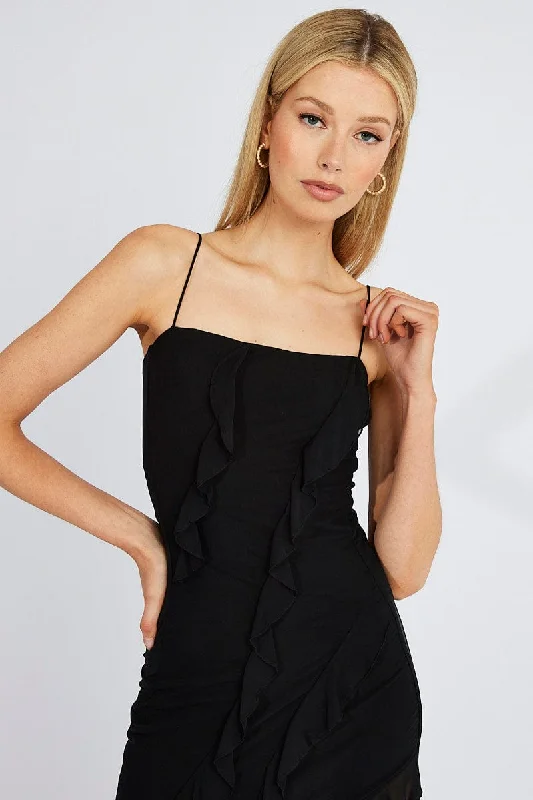 Black Maxi Dress Frilled Mesh