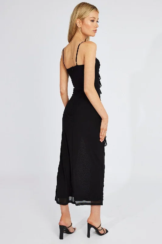 Black Maxi Dress Frilled Mesh