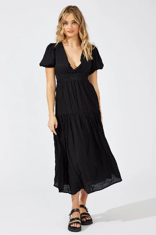 Black Maxi Dress Puff Sleeve