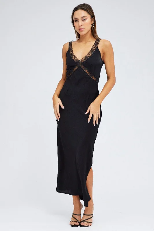 Black Maxi Dress Sleeveless Satin Lace Trim