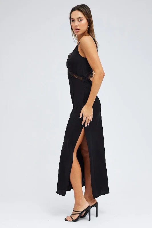 Black Maxi Dress Sleeveless Satin Lace Trim