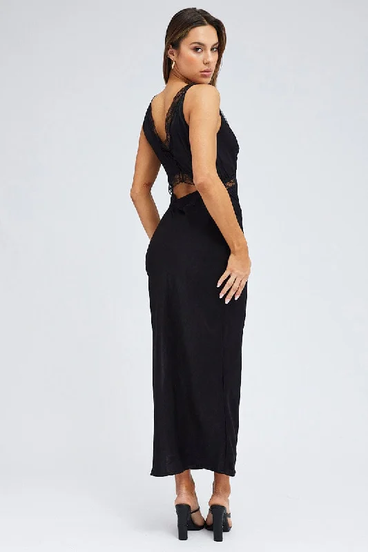 Black Maxi Dress Sleeveless Satin Lace Trim