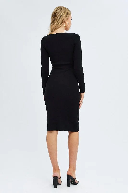 Black Midi Dress Long Sleeve Sweetheart Neckline Knit