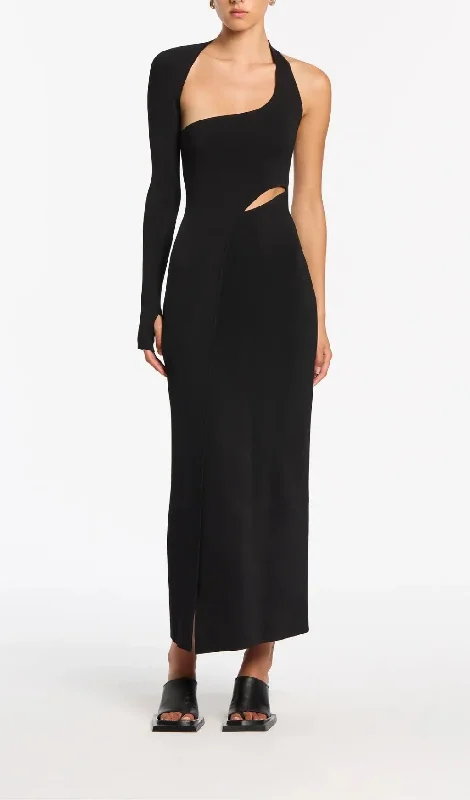 BLACK ONE-SLEEVE MIDRIFF-BARING MAXI DRESS