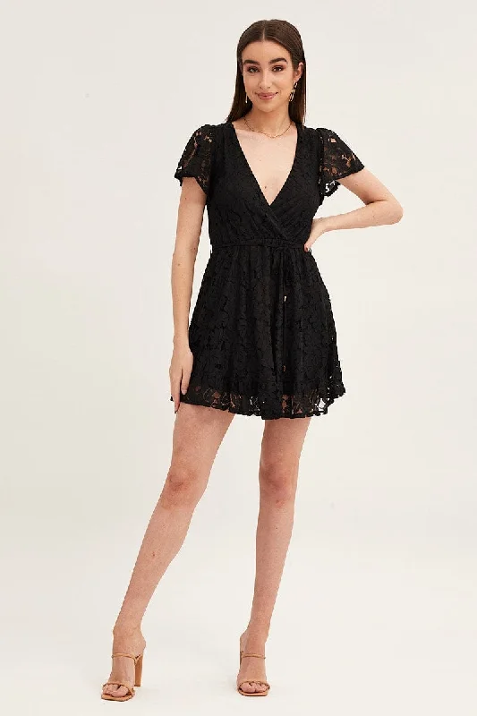 Black Short Sleeve Lace Wrap Front Skater Dress