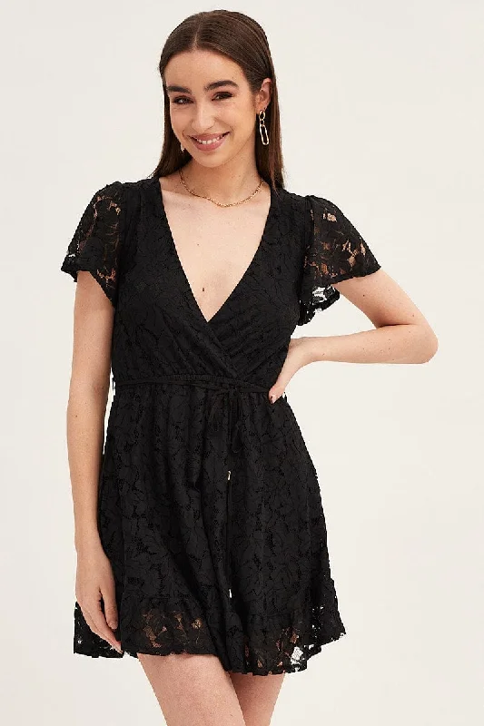 Black Short Sleeve Lace Wrap Front Skater Dress