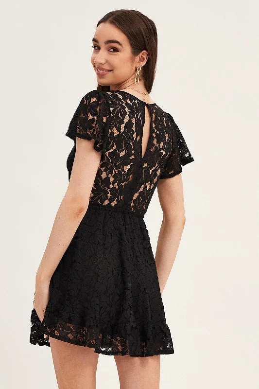 Black Short Sleeve Lace Wrap Front Skater Dress