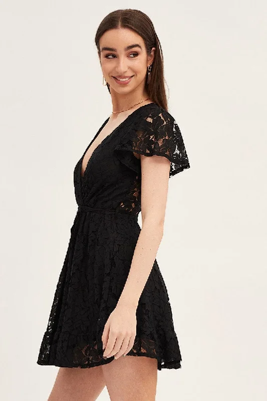 Black Short Sleeve Lace Wrap Front Skater Dress