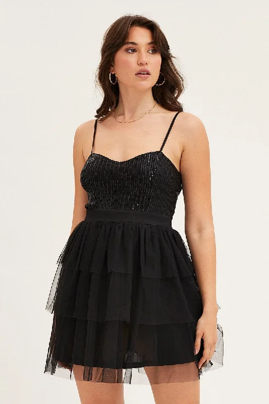 Black Skater Dress Sweet Heart Neck Lace