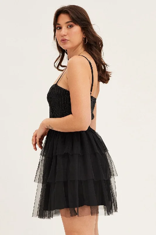 Black Skater Dress Sweet Heart Neck Lace