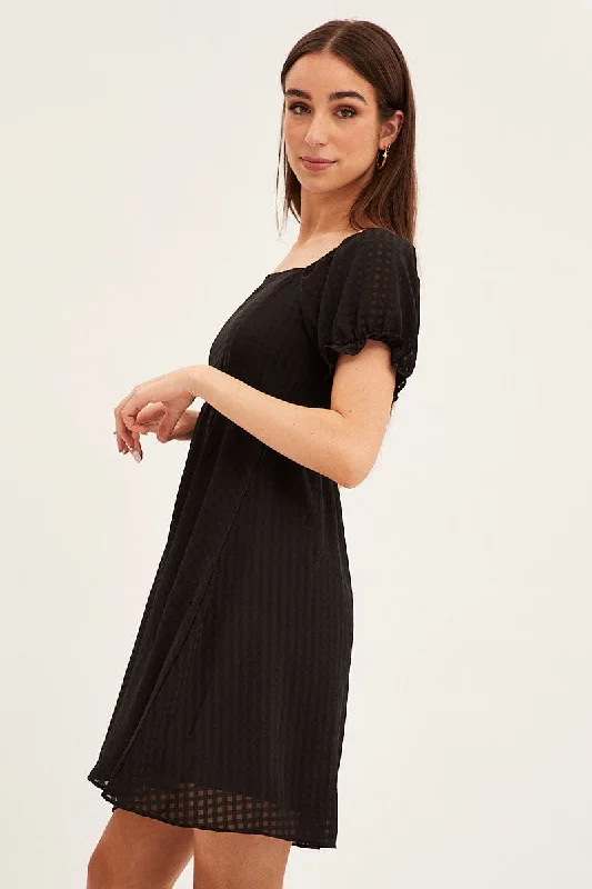 Black Square Neck Puff Sleeve Skater Dress