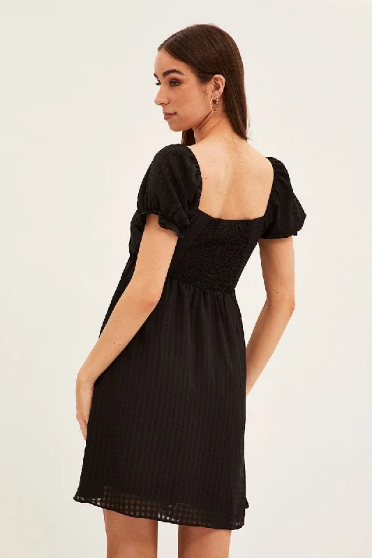 Black Square Neck Puff Sleeve Skater Dress