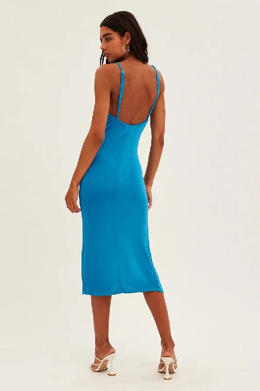 Blue Cowl Neck Slip Midi Dress