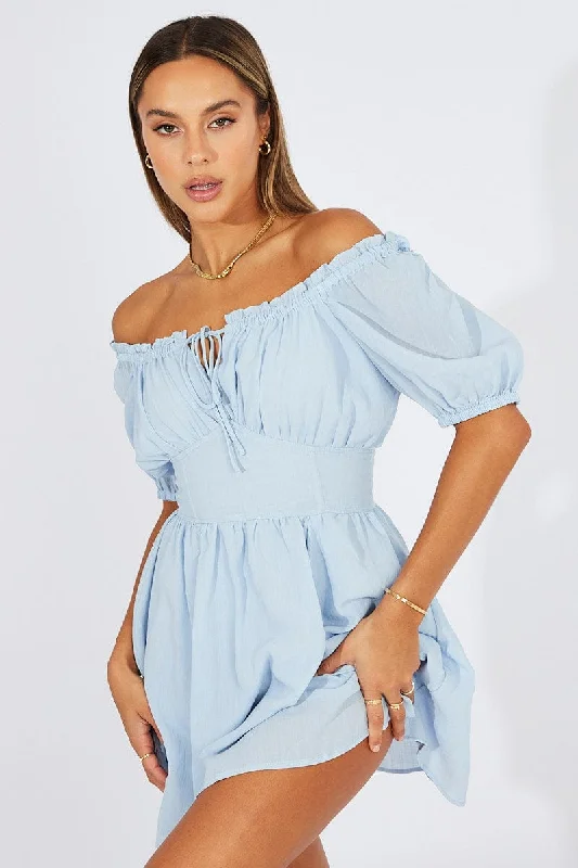 Blue Fit And Flare Dress Corset Waist Mini