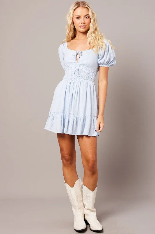 Blue Fit And Flare Dress Puff Sleeve Mini