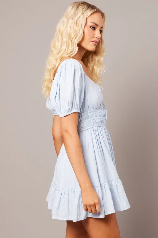 Blue Fit And Flare Dress Puff Sleeve Mini