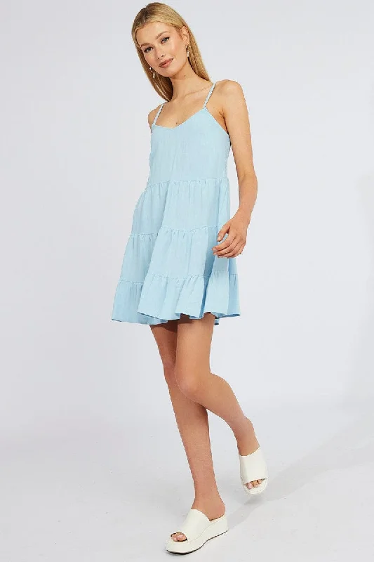 Blue Fit and Flare Dress Sleeveless Tiered