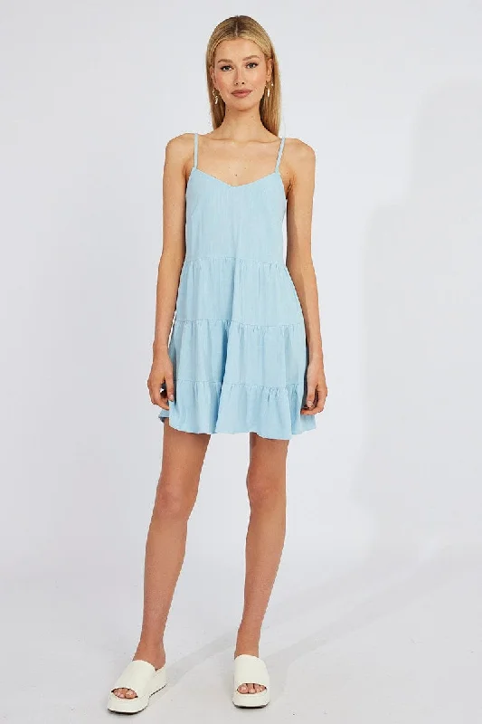 Blue Fit and Flare Dress Sleeveless Tiered