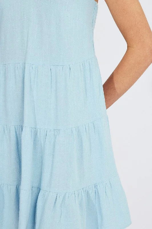 Blue Fit and Flare Dress Sleeveless Tiered