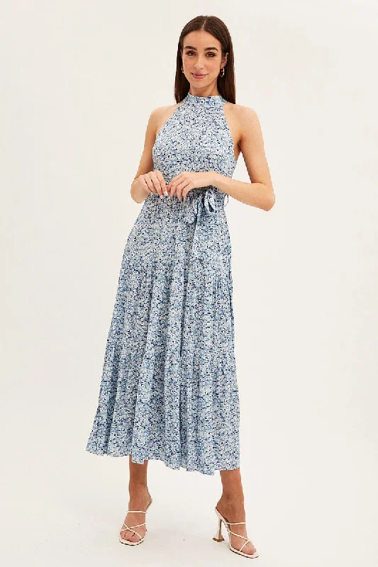 Blue Floral Halter Neck Floral Maxi Dress