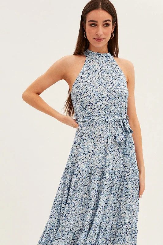 Blue Floral Halter Neck Floral Maxi Dress