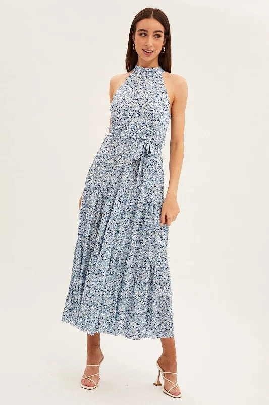 Blue Floral Halter Neck Floral Maxi Dress