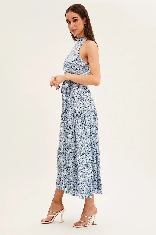 Blue Floral Halter Neck Floral Maxi Dress