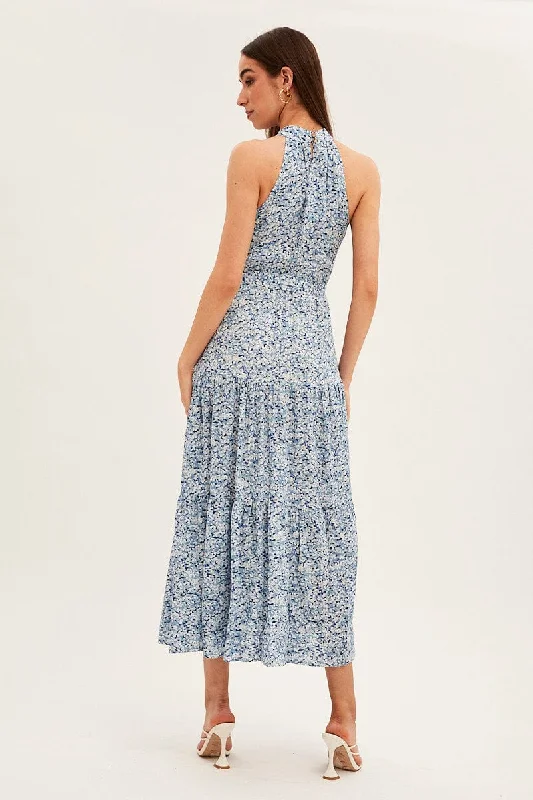 Blue Floral Halter Neck Floral Maxi Dress