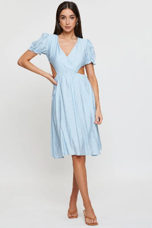 Blue Midi Dress Short Sleeve V Neck