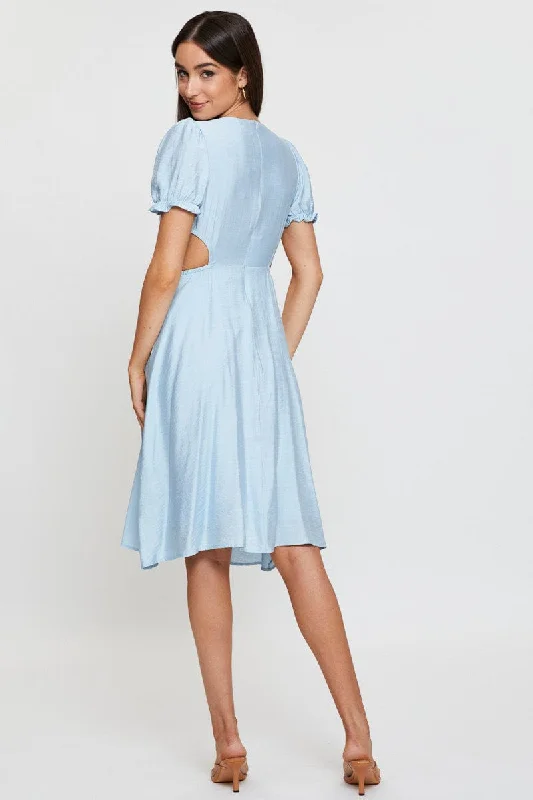 Blue Midi Dress Short Sleeve V Neck