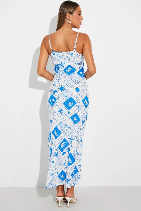 Blue Print Maxi Dress Bias Cut Linen Blend