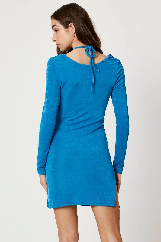 Blue Slinky Jersey Long Sleeve Bodycon Dress