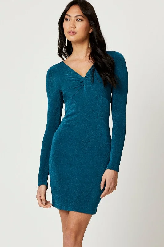 Blue Slinky Jersey Twist Front Dress