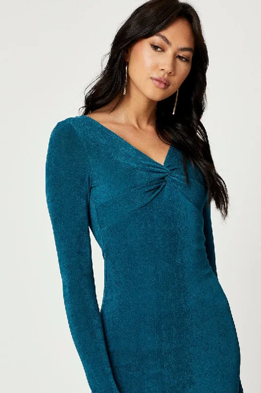 Blue Slinky Jersey Twist Front Dress